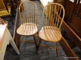 (R3) PAIR OF CHAIRS; WOODEN BANNISTER BACK CHAIRS WITH A BOX STRETCHER. MEASURES 17 IN X 17 IN X 34