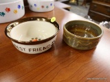 (R3) DOG BOWLS; 2 PIECE LOT OF DOG FOOD/WATER BOWLS TO INCLUDE A STONEWARE BOWL AND A TOP PAW BOWL.
