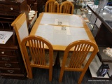 (R3) TILED TABLE; WOODEN TABLE WITH A GRAY TILED TABLE TOP. SITS ON 2 PEDESTAL COLUMNS WITH CABRIOLE