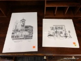 (R3) PAIR OF HAND-DRAWN SKETCHES; 1 IS OF BENEDICTINE HIGH SCHOOL (SIGNED AND NUMBERED 3/150) AND 1
