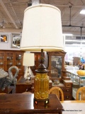 (R3) WOODEN AND GLASS TABLE LAMP; DARK STAINED WOOD AND YELLOW STAINED GLASS LANTERN LIKE TABLE