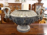 (R3) DOUBLE HANDLED METAL URN PLANTER; CAST METAL 2 PIECE URN SHAPED PLANTER WITH SWAN HEAD HANDLES.