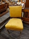 (R3) VICTORIAN SIDE CHAIR; MAHOGANY AND YELLOW UPHOLSTERED VICTORIAN CHAIR WITH SHERATON FRONT LEGS.