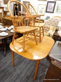 (R3) (R2) VINTAGE MAPLE TABLE AND 2 CHAIRS; VINTAGE MAPLE TABLE (MEASURES 52 IN X 38 IN X 30 IN).
