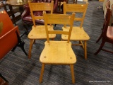 (R3) VINTAGE SIDE CHAIRS; 3 VINTAGE MAPLE PLANK BOTTOM SIDE CHAIRS (ONE MISSING A STRETCHER). EACH