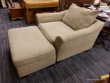 (R3) ELLIS HOME FURNISHINGS OVERSIZED ARMCHAIR AND OTTOMAN SET; 2 PIECE LOT. STONE/TAN COLORED
