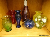 (R3) SHELF LOT; INCLUDES SEVERAL VASES OF VARIOUS COLORS. COLORS INCLUDE RED, BLUE, PURPLE, GREEN,