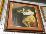 (BACKWALL) (R6) FRAMED VICTORIAN PRINT; THIS PRINT SHOWS A YOUNG WOMAN PLAYING A LYRE. DOUBLE MATTED