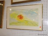 (BACKWALL) FRAMED WATERCOLOR; FRAMED WATERCOLOR PRINT OF A SUNSET OF A FIELD WITH A BLUE SKY. SIGNED