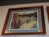 (BACKWALL) FRAMED LANDSCAPE PRINT; THIS PIECE LOOKS TO BE A COPY OF A WATERCOLOR SHOWING A LAKE AND