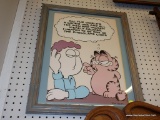 (BACKWALL) FRAMED GARFIELD PRINT; CARTOON PRINT OF GARFIELD THE CAT WITH A QUITE. MATTED IN BLUE AND