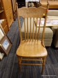 (R4) PRESSED BACK CHAIR; LEAF PATTERN PRESSED BACK CHAIR WITH SPINDLE TURNED LEGS AND BACK SUPPORTS.