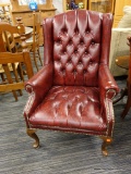 (R4) LEATHER UPHOLSTERED WINGBACK CHAIR; OXBLOOD RED LEATHER UPHOLSTERED WINGBACK CHAIR WITH BUTTON