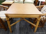(R4) BAMBOO STYLE TABLE; SQUARE BAMBOO DINING TABLE WITH BROWN TOP, BAMBOO LEGS THAT ARE BOUND