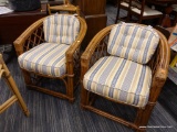 (R4) BARREL CHAIRS; PAIR OF BARREL CHAIRS WITH WOVEN SIDES AND BINDED CORNERS. COMES WITH BLUE AND