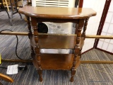 (R4) HALF MOON SIDE TABLE; 3 TIERED SCALLOP EDGE HALF ROUND TABLE WITH TURNED LEGS. MEASURES 21 IN X