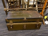 (R4) CHEST; WOODEN CHEST WITH A SHEET METAL OUTER LINING AND A GEOMETRIC LINEN LINED INSIDE. HAS 2