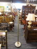 (R4) TORCHIERE LAMP; BRASS FLOOR LAMP WITH FROSTED GLASS SHADE. IS IN EXCELLENT CONDITION AND