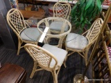 (R4) BAMBOO STYLE TABLE SET; 5 PIECE SET TO INCLUDE A ROUND LIGHT WOOD BAMBOO STYLE PATIO TABLE WITH
