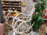 (R4) VINTAGE ROCKING CHAIR; LARGE WHITE PAINTED WOODEN ROCKING CHAIR WITH A WOVEN CANE BACK AND SEAT