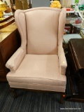 (R4) WINGBACK ARMCHAIR; LIGHT PINK FABRIC WINGBACK ARMCHAIR WITH 2 FRONT CABRIOLE LEGS WITH HOOF