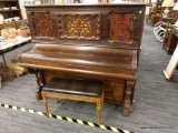 (R4) UPRIGHT PIANO; HARDMAN WOODEN UPRIGHT PIANO WITH BEAUTIFUL ORNATE CARVINGS ALONG THE FRONT AND