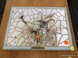 (R4) FRAMED MOSAIC; PHOTO OF A WATERING BUCKET WITH BIRDS AND BUTTERFLIES AROUND IT ON A MOSAIC
