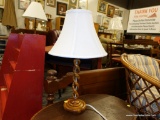 (R4) TABLE LAMP; WOODEN TABLE LAMP WITH A SPIRAL STEM. COMES WITH A WHITE BELL SHAPED SHADE.