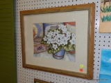 (WALL) FRAMED FLORAL STILL LIFE; DEPICTS A POTTED FLOWERING PLANT WITH WHITE FLOWERS IN A BLUE