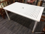 (R5) PATIO TABLE; WHITE METAL RECTANGULAR PATIO TABLE. NEEDS TO BE CLEANED. MEASURES 5 FT X 3 FT X