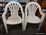 (R5) PATIO ARM CHAIRS; PAIR OF WHITE HEAVY DUTY PLASTIC ARM CHAIRS WITH ROUNDED BACKS. MEASURES 2 FT