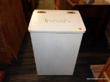 (R1) WOODEN TRASH CONTAINER; WHITE PAINTED TRASH CONTAINER WITH CONTENTS TO INCLUDE A RED COLORED