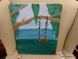 (R5) PAINTED CANVAS; PAINTING OF A SWING WITH FLOWERS AROUND IT ON A LAKE SIDE. MEASURES 16 IN X 20
