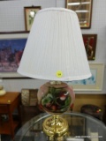 (R5) TABLE LAMP; PAINTED CHERRY ON A BELL SHAPED LAMP WITH A BRASS BOTTOM AND COMES WITH A COOLIE