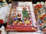 (R5) CHRISTMAS STAINED GLASS PANEL; KIRKLAND STAINED GLASS PANEL AND METAL STAND OF SANTA CHECKING