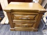(R6) WOODEN NIGHT STAND; PECAN FINISH NIGHTSTAND WITH 2 DOVETAIL DRAWERS WITH A DETAILED METAL