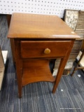 (R6) END TABLE; 1 DRAWER WOODEN END TABLE WITH A TOP DOVETAIL DRAWER AND A LOWER SHELF. MEASURES 16