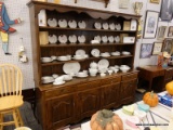 (R6) WOODEN HUTCH; 2 PC. LONG WOOD GRAIN HUTCH WITH 3 SHELVES ON THE TOP PIECE WITH A HARDWOOD