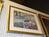 (R6) FRAMED PRINT; DEPICTS A FIELD OF FLOWERS AND TULIPS. MATTED IN RED AND LIGHT GRAY AND FRAMED IN