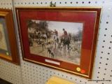 (R6) FRAMED PRINT; VINTAGE LITHOGRAPH A HUNTING MORN BY GEORGE WRIGHT. OLD ENGLISH MEN RIDING HORSES