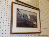 (R6) FRAMED PHOTO; PHOTO OF PEOPLE SAILING ON A LAKE. DOUBLE MATTED IN RED AND WHITE AND FRAMED IN A