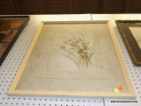 (R6) FLORAL PRINT; GREEN AND PURPLE FLORAL PRINT IN A MAPLE FRAME WITH BEIGE FLORAL THEMED MATTING.