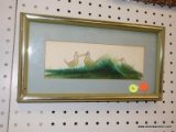 (R6) FRAMED BIRD PRINT; DEPICTS 3 BIRDS IN A GRASSY FIELD (1 HAS A BOW AND IS KISSING 1 OF THE OTHER