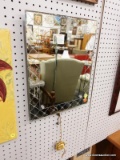 (R6) MIRROR; WALL HANGING MIRROR WITH DIAMOND SHAPED CUT GLASS DETAILING AROUND THE OUTSIDE OF THE