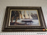 (R6) FRAMED PAINTING ON CANVAS; DEPICTS A SAILBOAT SAILING THROUGH A RIVER AND FRAMED IN A DARK