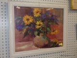 (R6) FRAMED STILL LIFE; FLOWER ARRANGEMENT IN A CLAY POT WITH A PINK TONED BACKGROUND. SIGNED BY