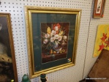 (R6) FRAMED PRINT; DEPICTS A STILL LIFE OF A FLOWER ARRANGEMENT WITH FRUIT, A GLASS OF WINE, AND A