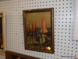 (R6) FRAMED PRINT; DEPICTS 3 FISHERMEN CARRYING FISH BASKETS ON THE DOCKS WITH SAILBOATS BEHIND