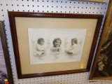 (R6) FRAMED PHOTO; A COLLAGE OF 3 PHOTOS OF A LITTLE CHILD. PLACED ON A BROWN MATTE AND FRAMED IN