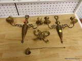 (R1) BRASS LOT; 4 PIECE LOT OF 2 BRASS SCONCES WITH 2 CANDLE STICK HOLDERS, A WALL HANGING RIBBON,